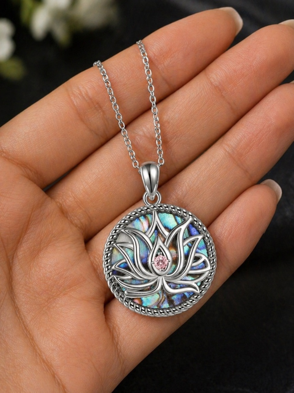 Lotus Shell Inlay Pendant Necklace Stainless Steel Round Medallion 18” Chain - Picture 2 of 5